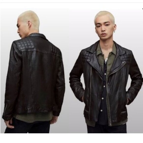 ALLSAINTS Men's/Unisex Conroy Crinkled Leather Biker Moto Jacket Black Olive XS - Picture 3 of 16
